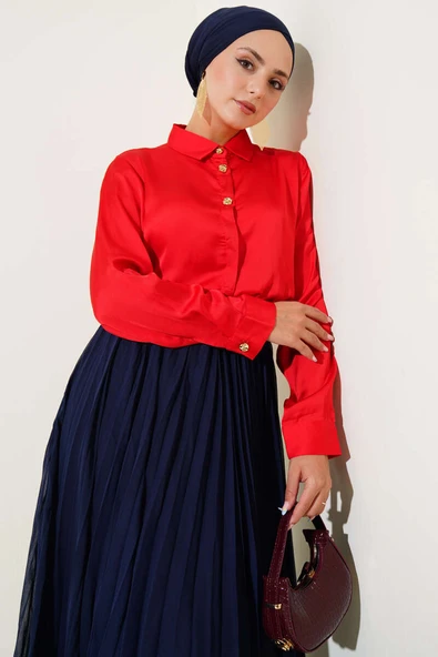 Gold Düğmeli Saten Gömlek Kırmızı ürün görseli 1