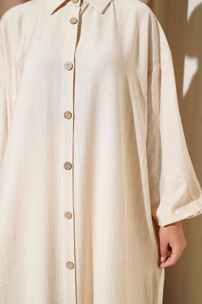 Tahta Düğmeli Uzun Tunik Bej - Resim 4