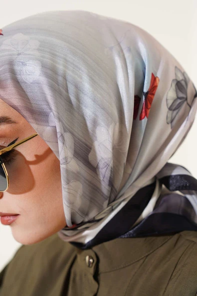 Çiçek Desen Twill Eşarp Siyah - Resim 4