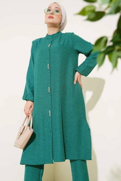Önü Taş Detaylı Uzun Tunik İkili Takım Zümrüt - Resim 2