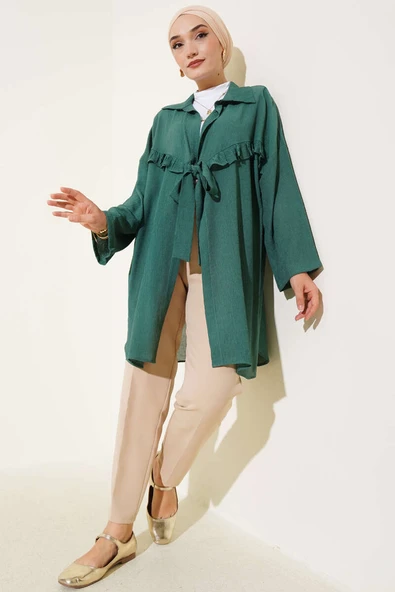Önü Fırfır Bağlamalı Kimono Zümrüt - Resim 2