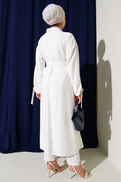 Tahta Düğmeli Kuşaklı Tensel Uzun Gömlek Beyaz - Resim 3