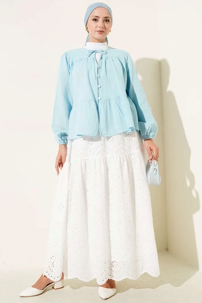 Brit Düğme Detaylı Bluz Mavi - Resim 2