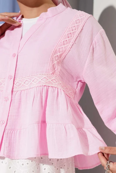 Dantel Detaylı Kısa Bluz Pembe - Resim 4