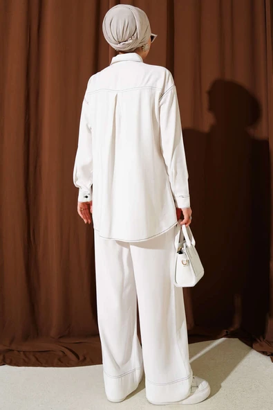 Gömlek Yaka Tek Cepli İkili Takım Beyaz - Resim 3