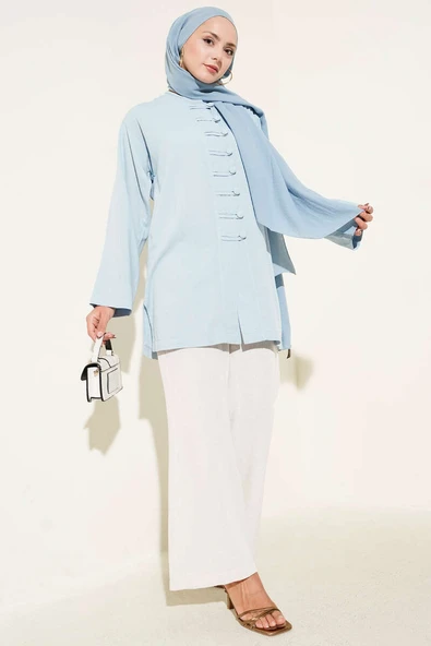 Önü Düğme Detaylı Keten Tunik Mavi - Resim 2