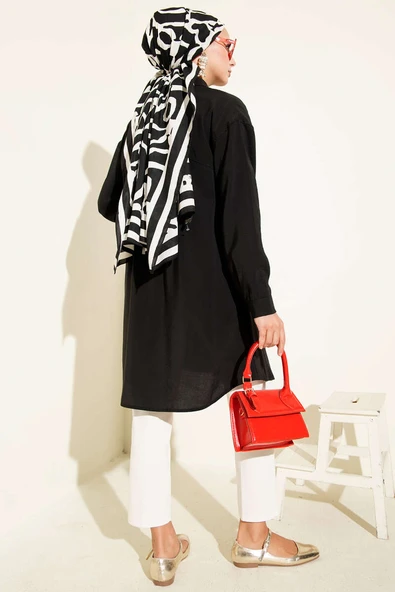 Taş Düğmeli Uzun Tunik Siyah - Resim 3