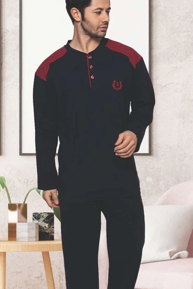 Garnili Uzun Kol Büyük Beden Pijama Takım Lacivert Bordo - Resim 2