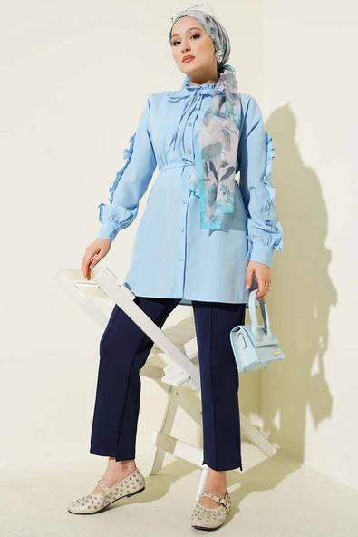 Kol Fırfırlı İp Kuşaklı Gömlek Bebe Mavi - Resim 2