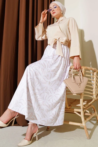 Yandan Bağlamalı Etekli İkili Takım Bej ürün görseli 1