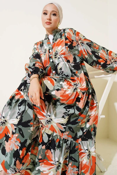 Yarım Düğmeli Karmaşık Desenli Elbise Haki ürün görseli 1