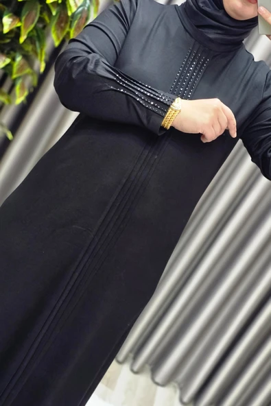 Kadın Giyim Büyük Beden Kolu Nevrür Taşlı Çimalı Elbise - Resim 4