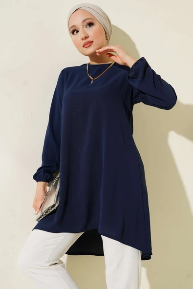 Bisiklet Yaka Biyeli Ayrobin Tunik Lacivert ürün görseli