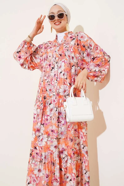 Çiçek Desenli Kloş Elbise Oranj - Resim 2