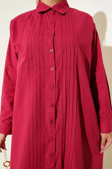 Gömlek Yaka Önü Pileli Elbise Lacivert Bordo - Resim 4