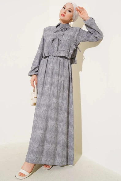 Fırfır Boleronlu İp Bağlamalı Elbise Gri ürün görseli 1