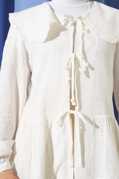 Bebe Yaka İp Bağlamalı Kimono Ekru - Resim 4