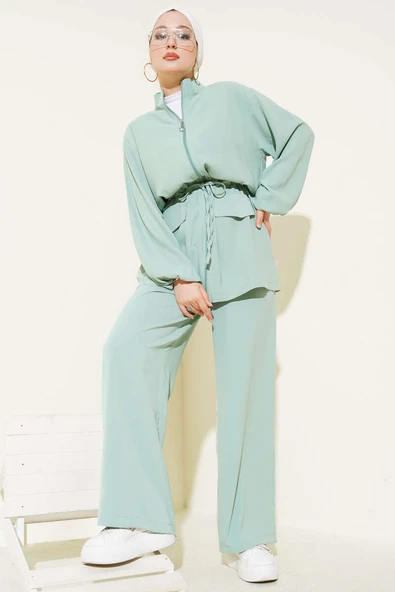 Bel Tünelli Fermuarlı Cep Kapaklı İkili Takım Su Yeşili ürün görseli 1