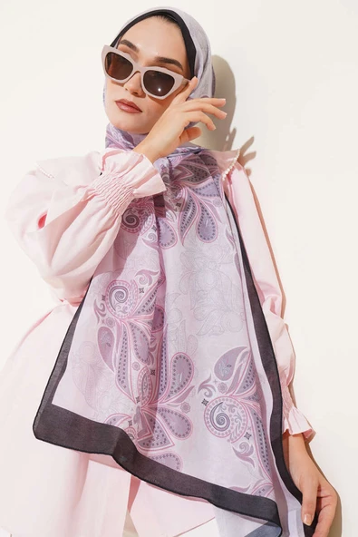 Otantik Yaprak Desen Şal Siyah Gri ürün görseli 1