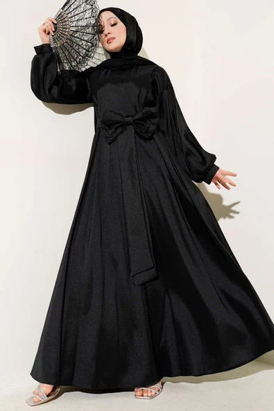 Kurdele Kuşaklı Abiye Elbise Siyah