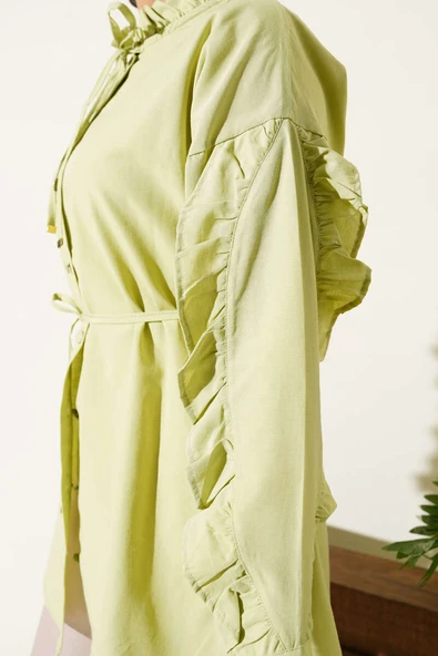 Hakim Yaka Fırfırlı Gömlek Su Yeşili - Resim 4