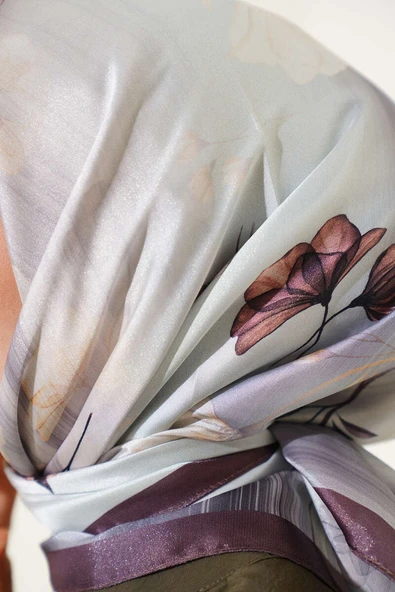 Çiçek Desen Twill Eşarp Acı Kahve - Resim 4