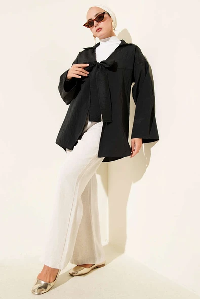 Kalın İp Bağcıklı Kimono Siyah - Resim 2