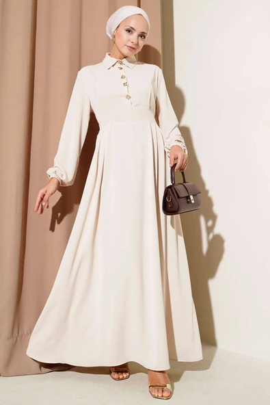 Gold Düğme Detaylı Elbise Bej ürün görseli 1