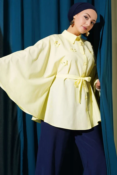 Çiçekli Detaylı Panço Gömlek Sarı ürün görseli 1