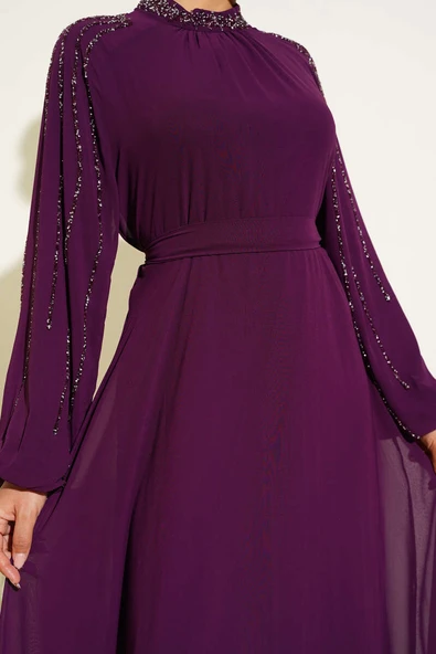 Şifon Kolları Taşlı Abiye Elbise Mor - Resim 4