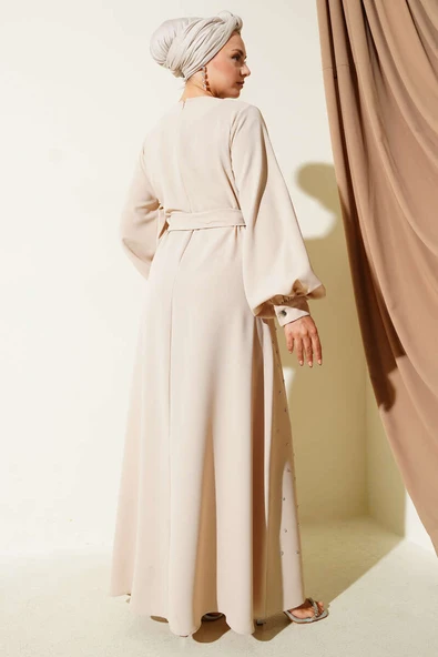 Taş Şerit Geçişli Kuşaklı Abiye Elbise Bej - Resim 3