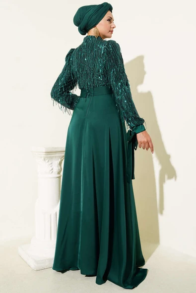 Pul Payet Kolları Bağlamalı Abiye Elbise Yeşil - Resim 3
