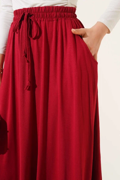 Cepli Kloş Beli Lastikli Etek Bordo - Resim 4