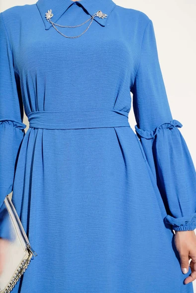 Ayrobin Kol Büzgülü Elbise Saks - Resim 4