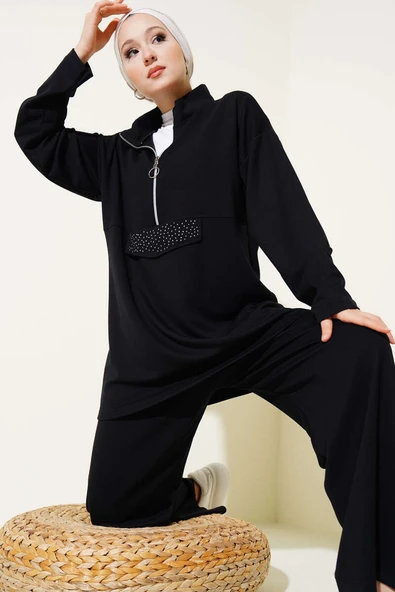 Loyşa Yarım Fermuarlı Taşlı İkili Takım Siyah - Resim 2