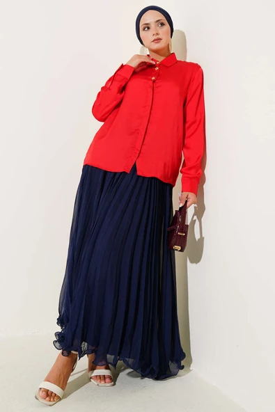 Gold Düğmeli Saten Gömlek Kırmızı - Resim 2