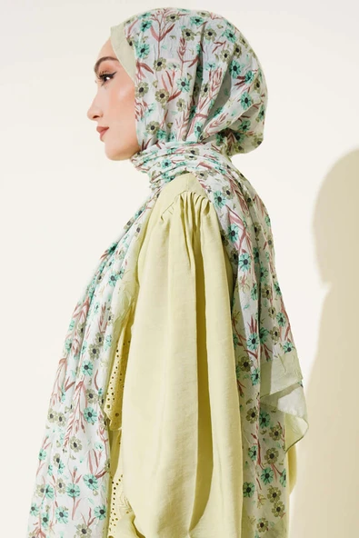 Papatya Desen Bambu Kraş Şal Su Yeşili - Resim 3