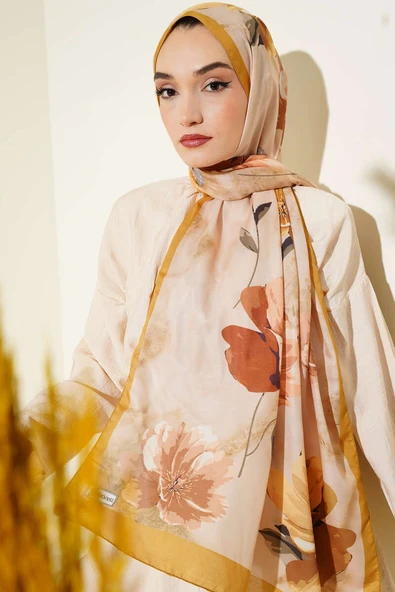 Retro Çiçek Desenli Şal Sarı - Resim 2