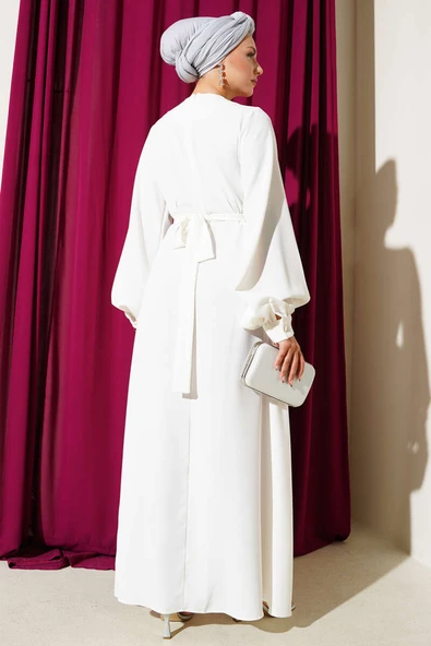 Çiçek Taş Süslemeli Abiye Elbise Beyaz - Resim 3