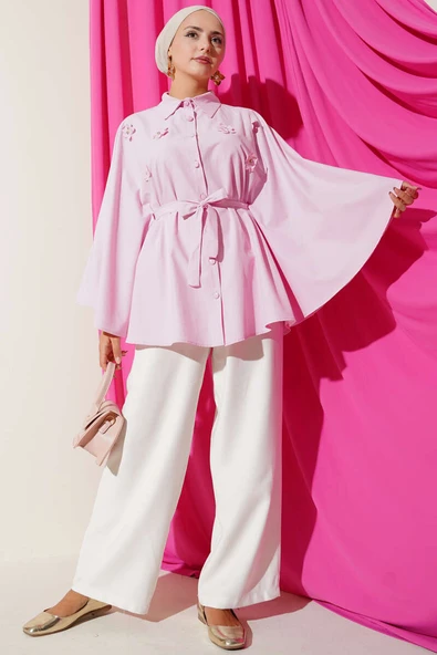 Çiçekli Detaylı Panço Gömlek Pembe - Resim 2