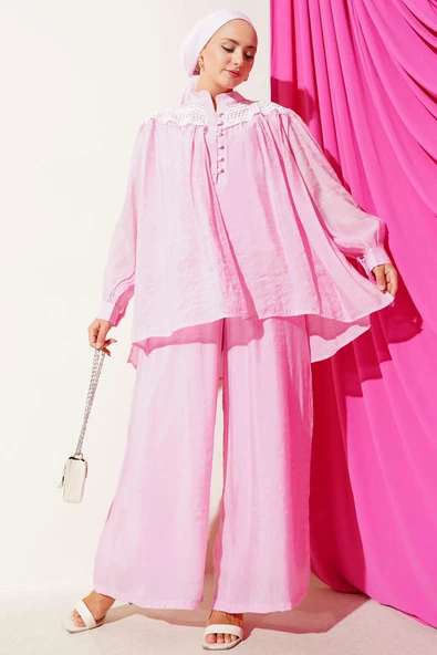 Dantel Detaylı Brit Düğmeli İkili Takım Pembe ürün görseli 1