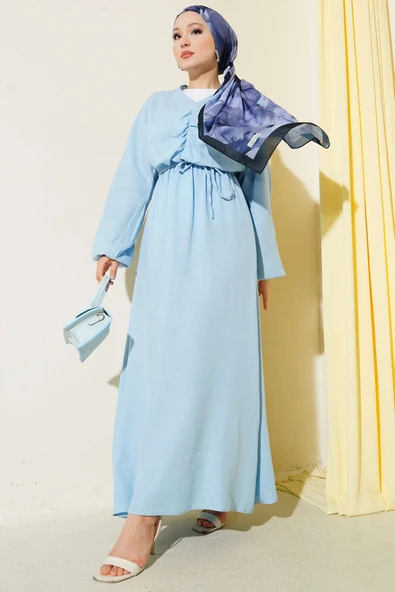 Önü Büzgülü İp Bağcıklı Elbise Mavi ürün görseli 1