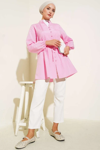 Önü Pileli Terikoton Gömlek Pembe - Resim 2