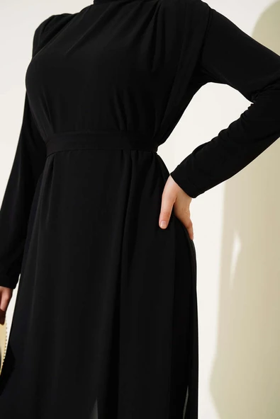 Belden Bağlamalı Şifon Tulum Siyah - Resim 4