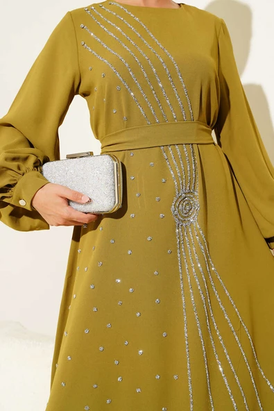 Taş Şerit Geçişli Kuşaklı Abiye Elbise Yağ Yeşili - Resim 4