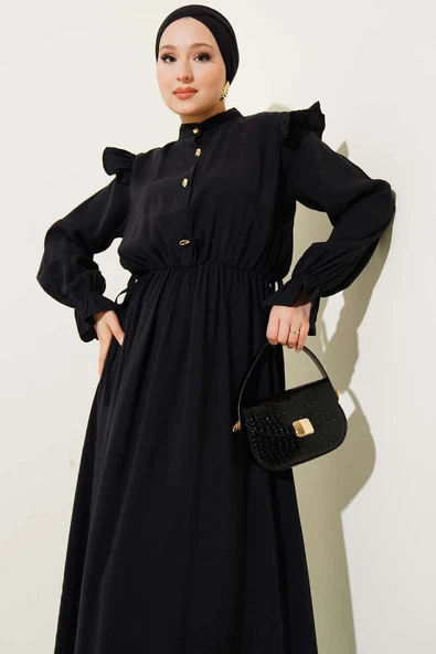 Omuz Büzgülü Yarım Düğmeli Elbise Siyah - Resim 2