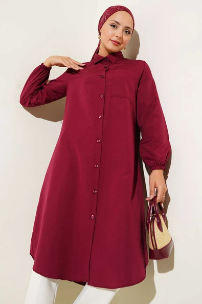 Gömlek Yaka Tek Cepli Uzun Gömlek Bordo ürün görseli 1