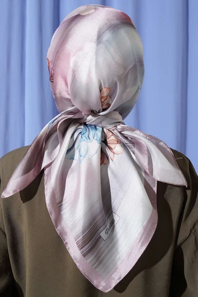 Çiçek Desen Twill Eşarp Vizon - Resim 3