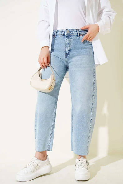 Kesik Paça Baggy Fit Kot Pantolon Açık Kar - Resim 2