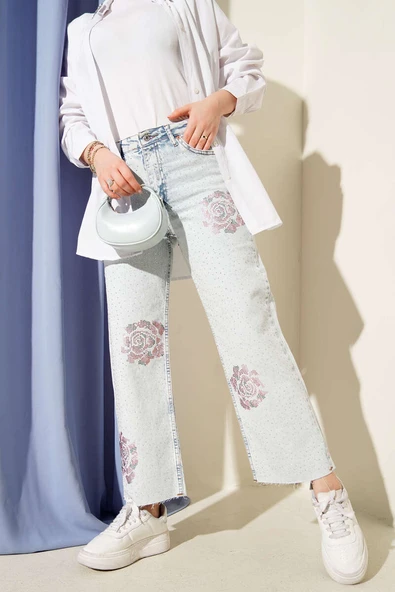 Gül Detaylı Mini Taş Detaylı Pantolon Açık Kar ürün görseli 1